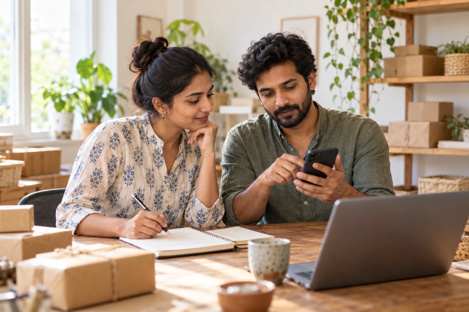 A business owner and a teammate reviewing a phone conversation and a notebook checklist at a home studio table