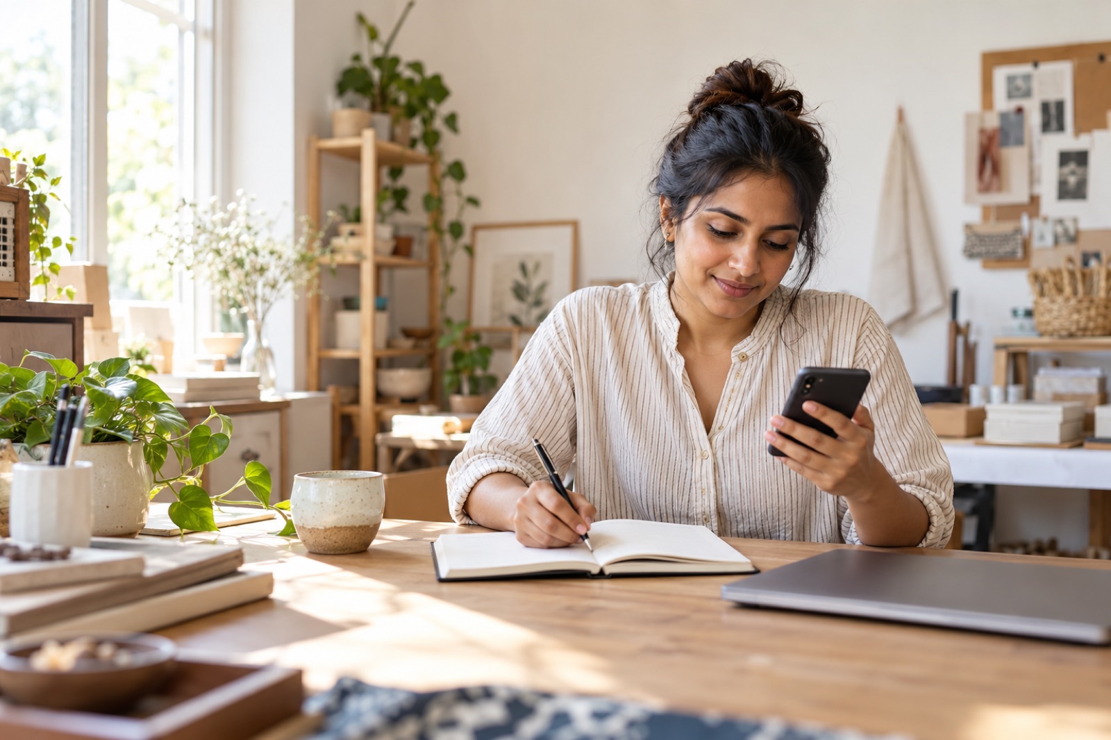 A business owner reading an enquiry on her phone and writing a note at her home studio desk