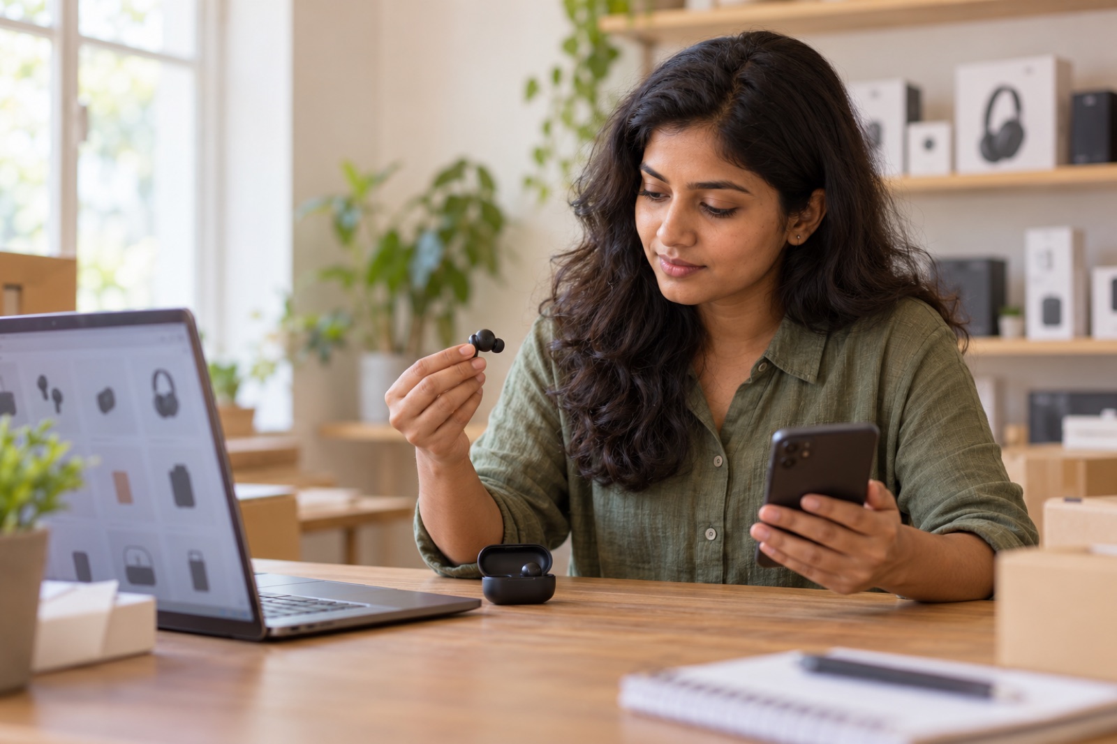A business owner checking a product on a laptop beside wireless earbuds and a phone at a home studio desk